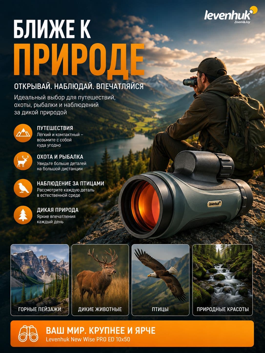 Монокуляр Levenhuk New Wise PRO ED 10x50 — фото 6