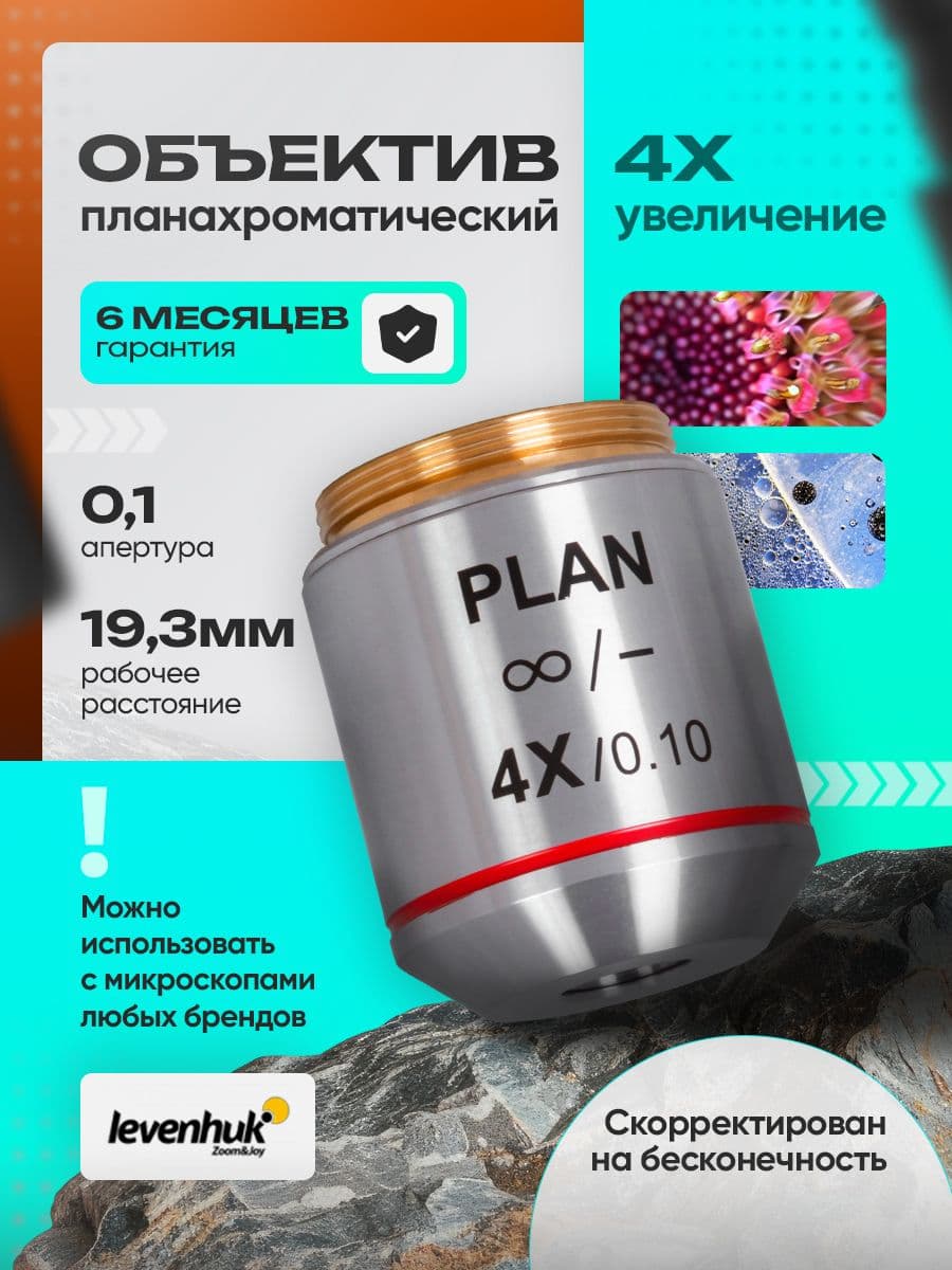 Объектив планахроматический Levenhuk MED 4x/беск