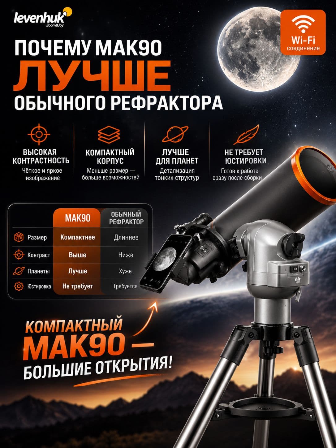 Фототелескоп Levenhuk Kelvin MAK90 AZ GOTO Wi-Fi — фото 8