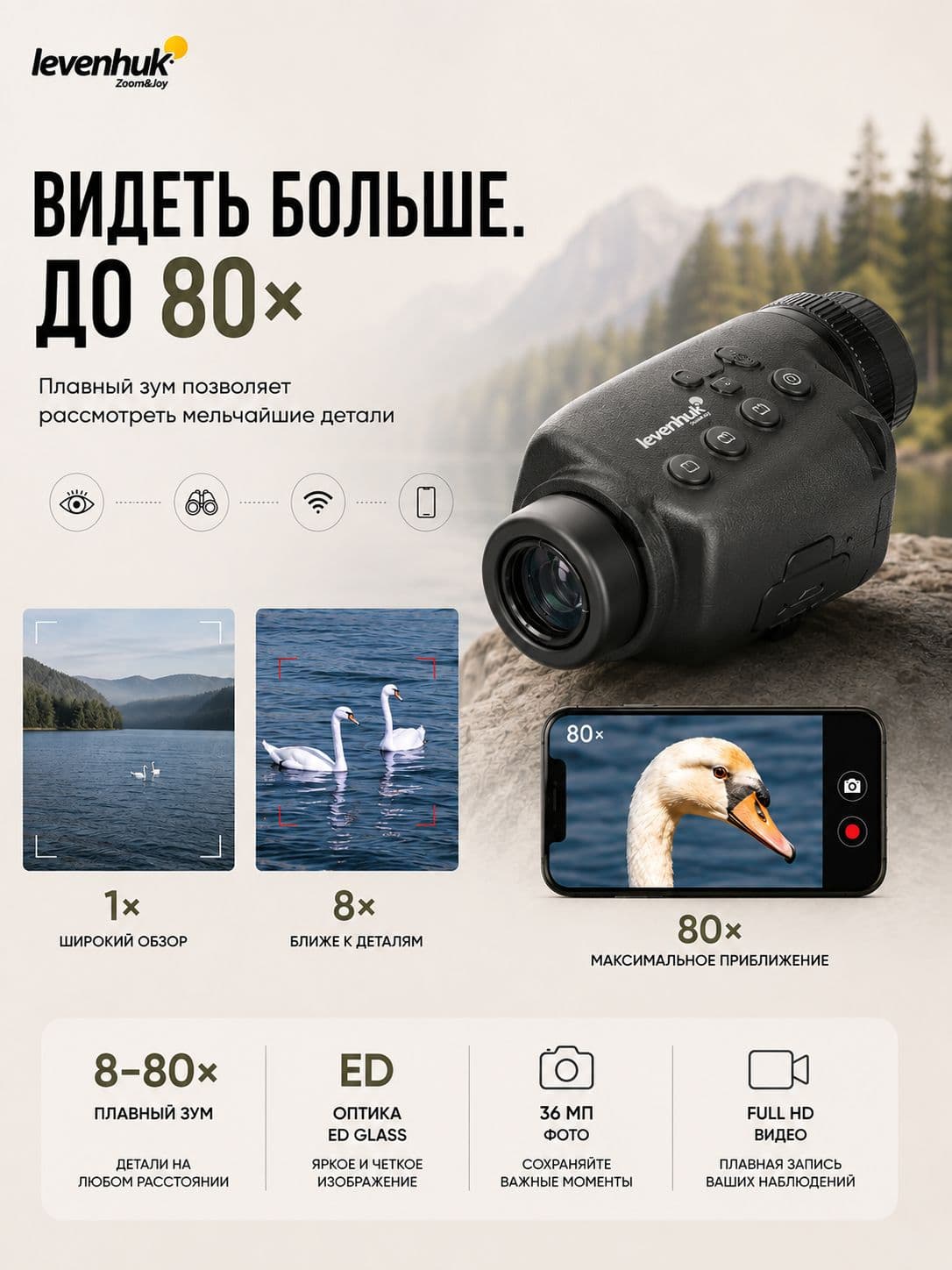 Фотомонокуляр цифровой Levenhuk Kelvin Snap ED 8x42 — фото 2
