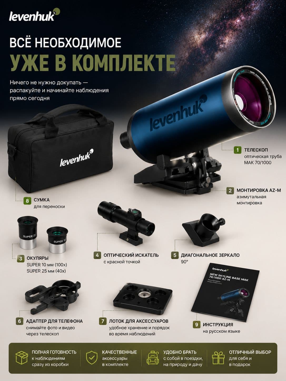 Телескоп Levenhuk New Skyline BASE МАК 70/1000 AZ-M — фото 4