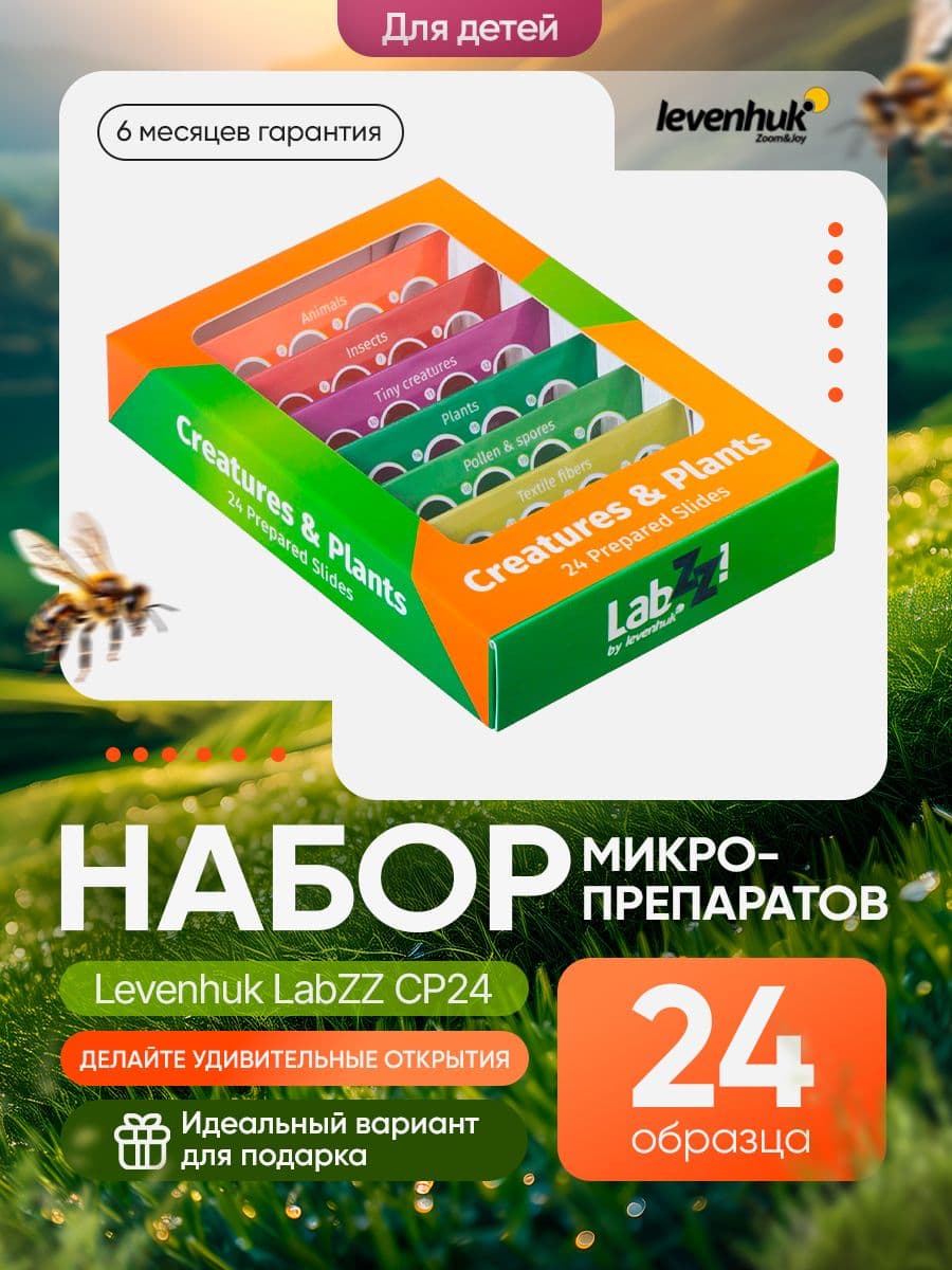Набор микропрепаратов для микроскопа Levenhuk LabZZ CP24, существа и растения